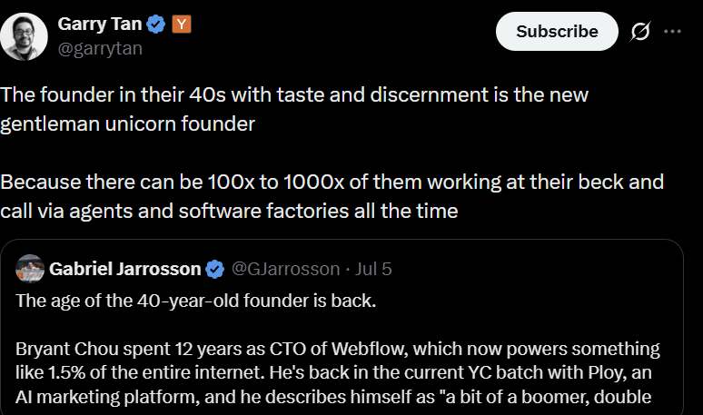Garry Tan (YC): the founder in their 40s with taste and discernment is the new gentleman unicorn founder, with 100x to 1000x agents at their beck and call.