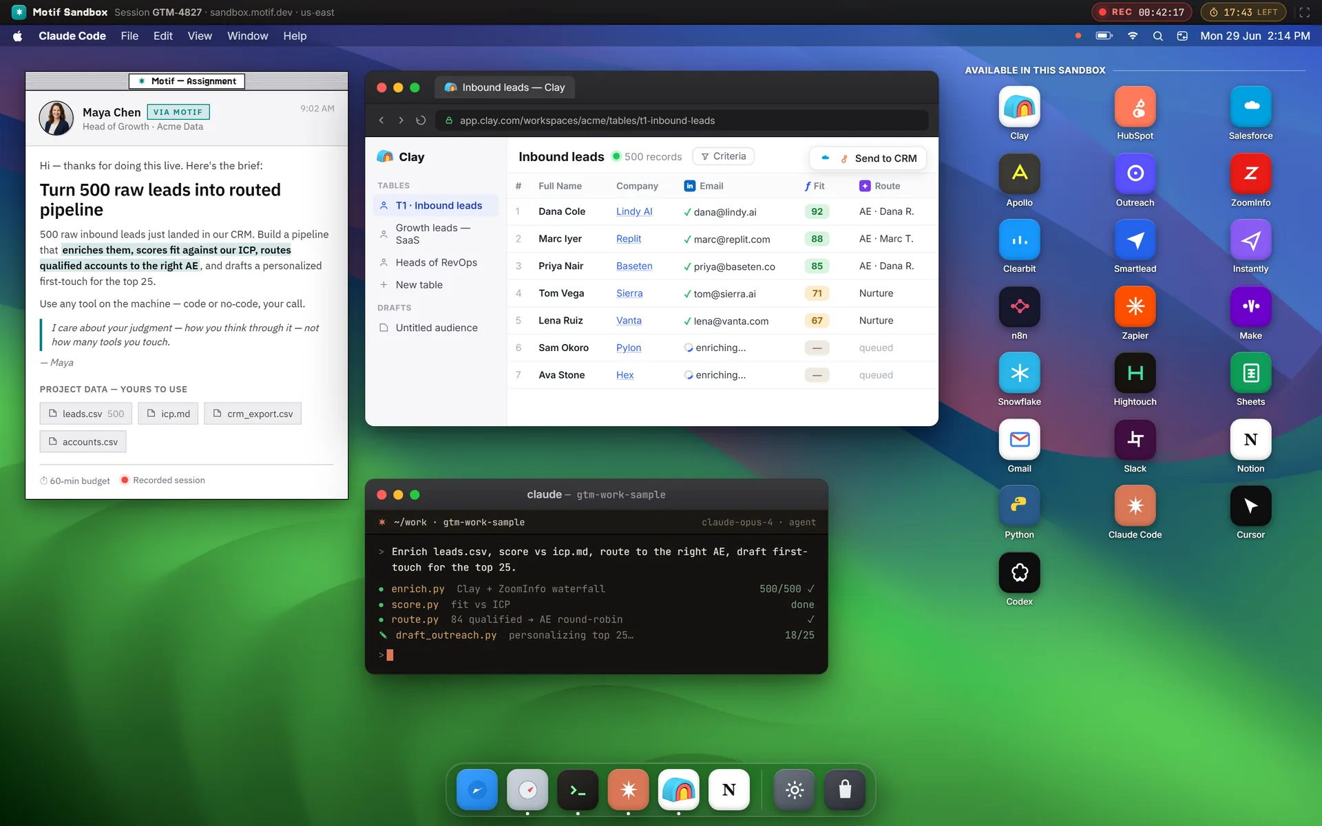 The motif sandbox: a recorded macOS desktop wired with Clay, Claude Code, n8n and a CRM.